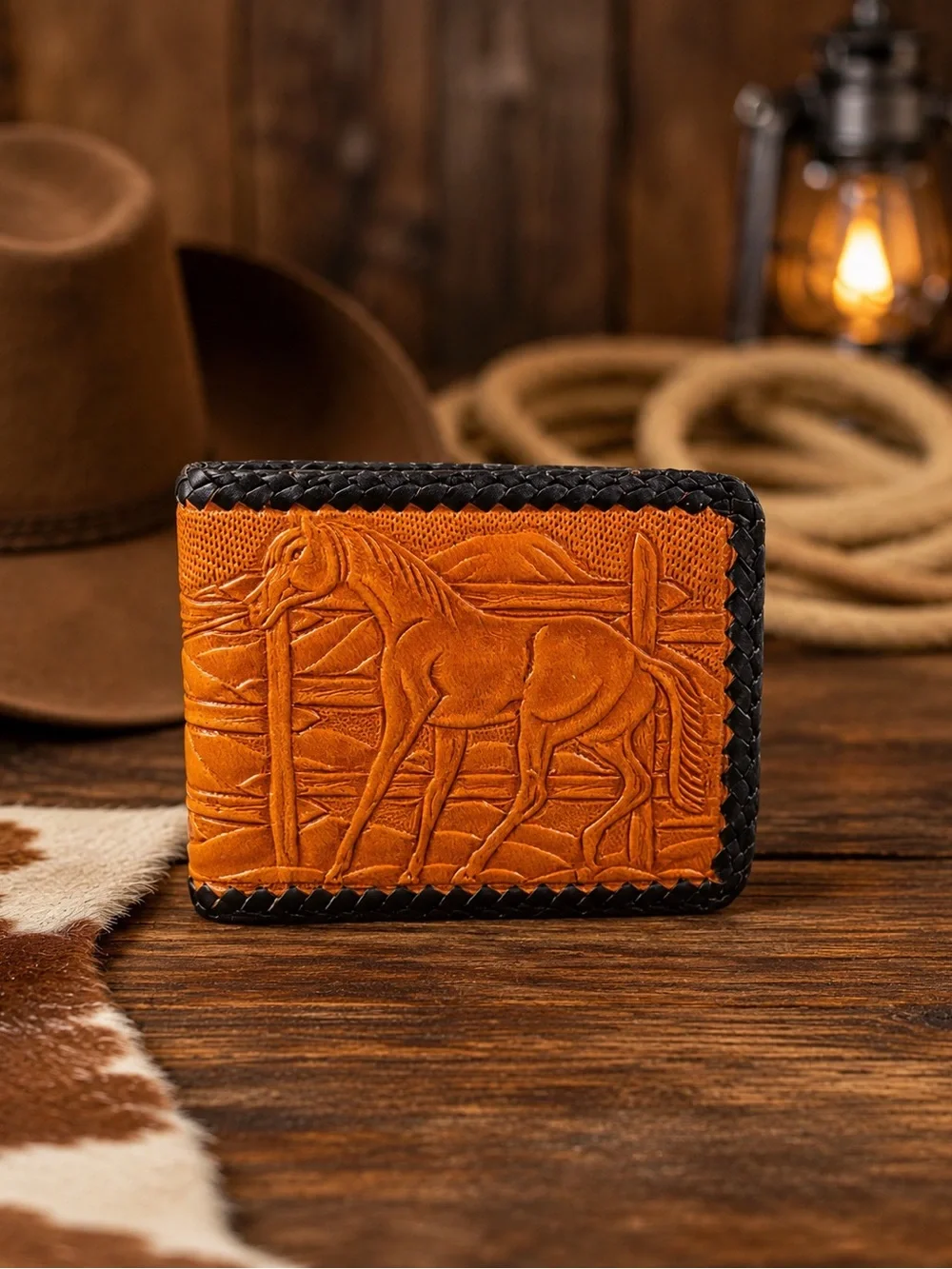 Handcrafted Tooled Brown Leather Wallet & Cardholder Set - Western Horse Design